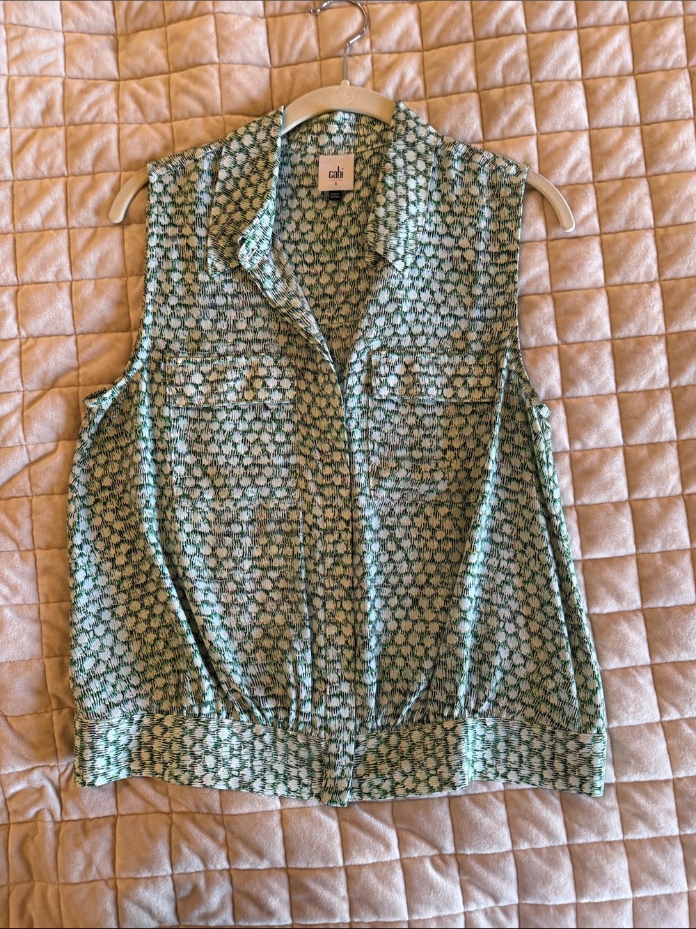 CAbi Green Microprint Sleeveless Button-Front Blouse